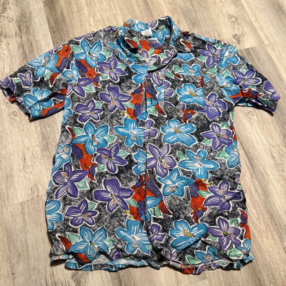 Islander Mens‎ Floral Parrot Hawaiian Shirt Blue Purple Rayon Short Sleeve Large